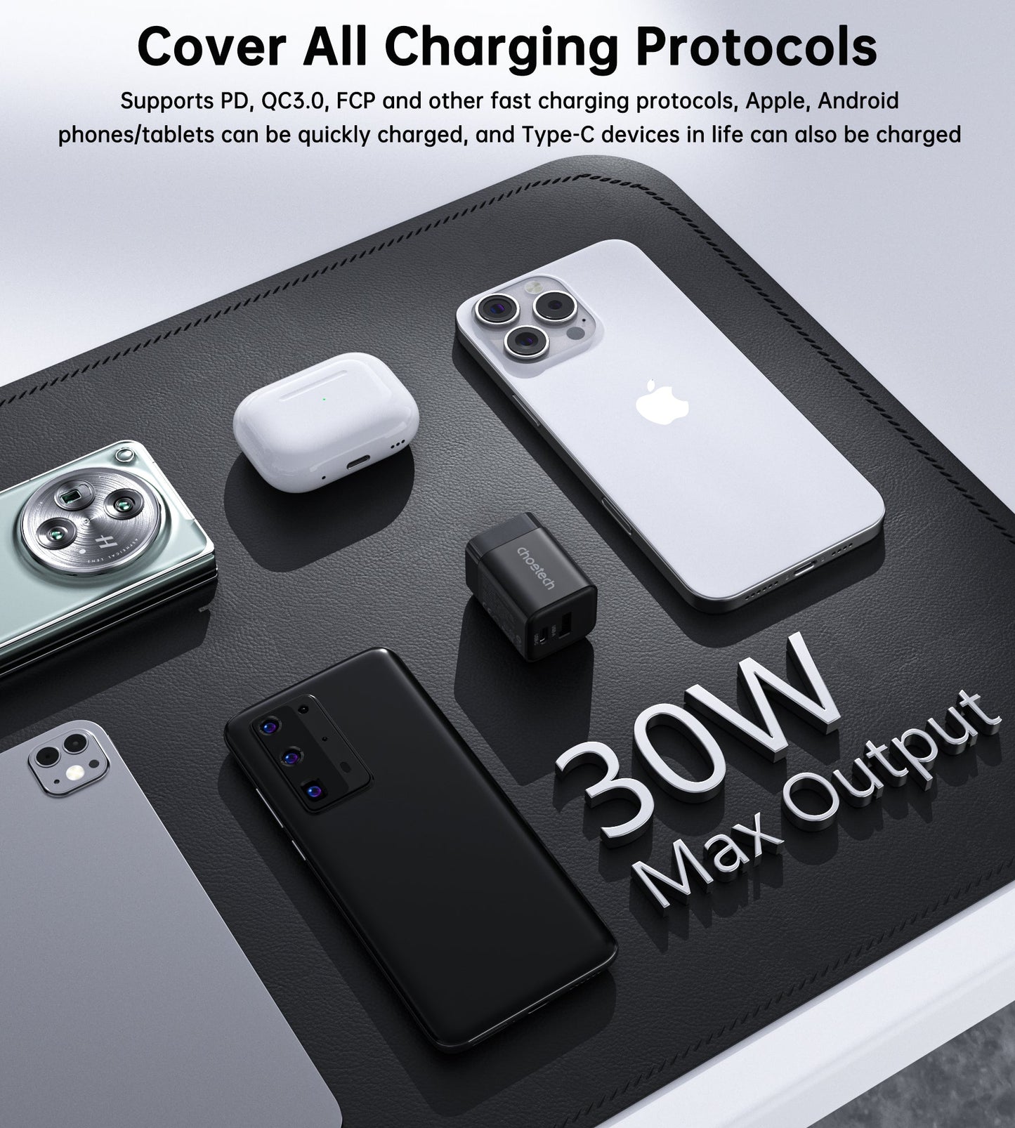 30W GaN Charger – Dual USB-C & A, for iPhone 16/15, US