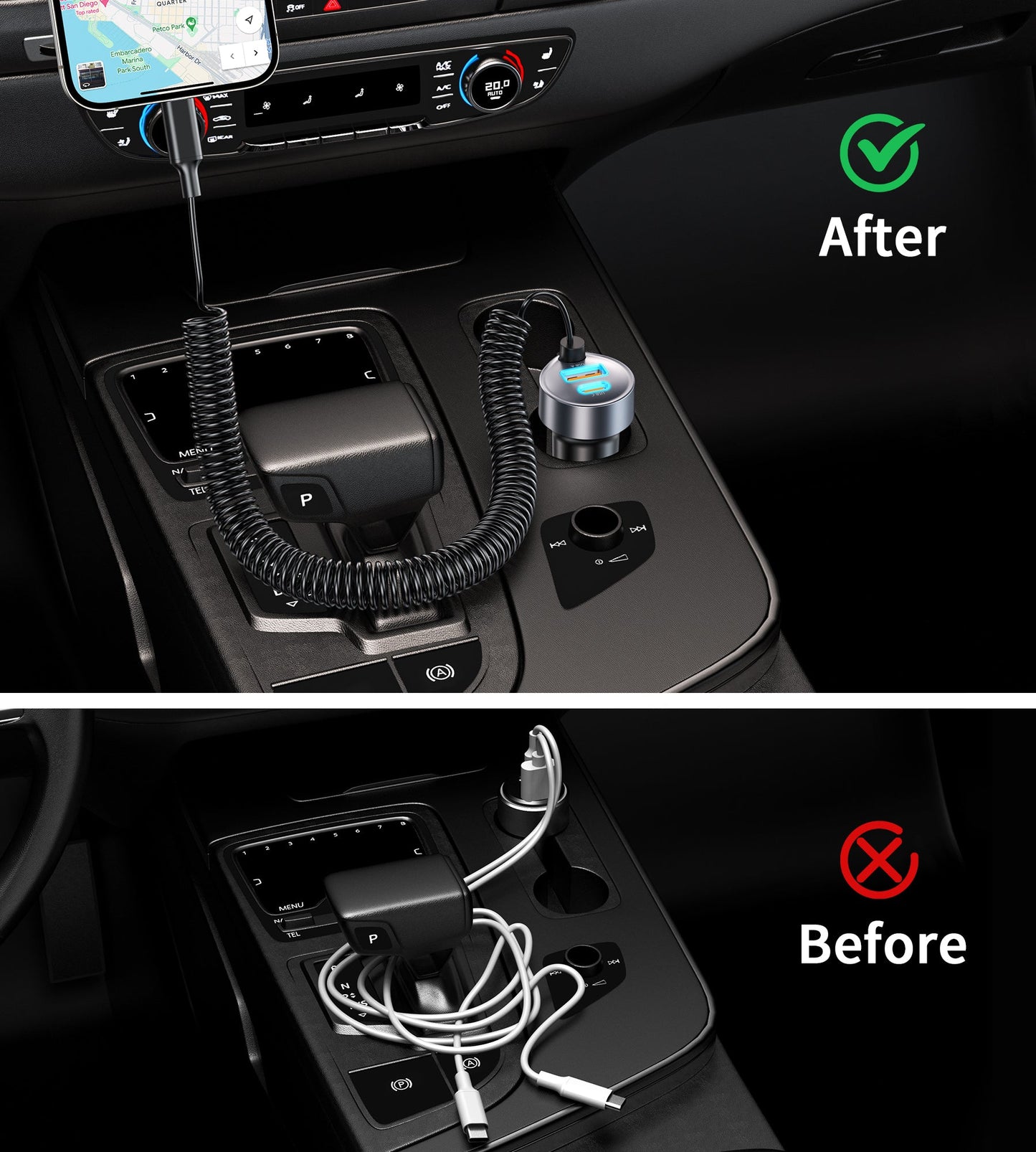 65W Car Charger – USB-C & A Ports with Stretchable Cable