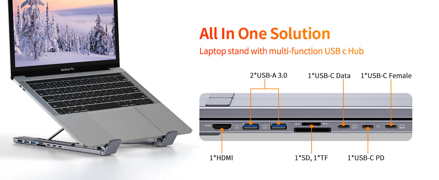 8-in-1 Laptop Stand Hub – 4K HDMI, PD, SD/TF, for MacBook