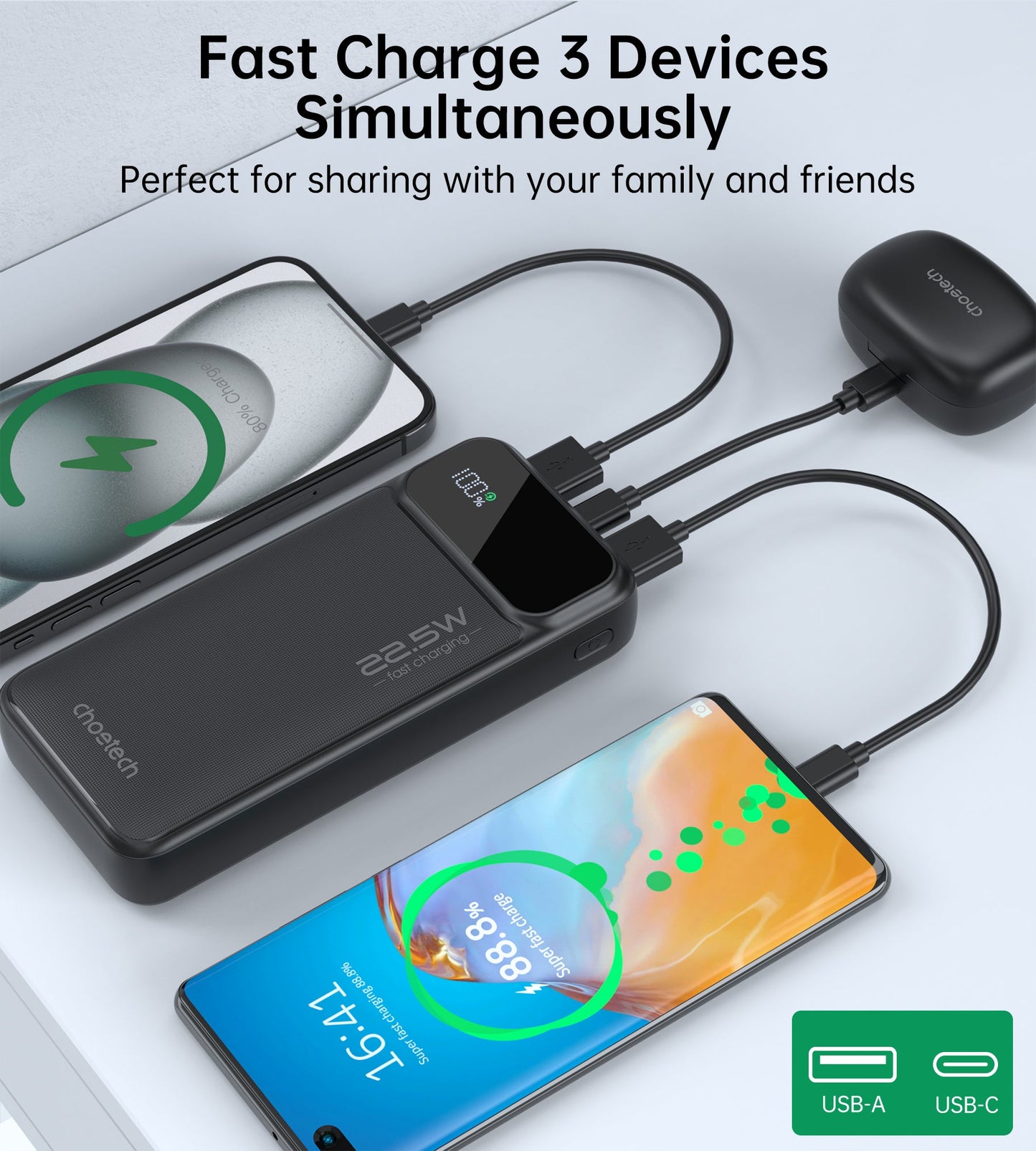 20000mAh Power Bank – 22.5W USB-C + Dual USB-A, Black