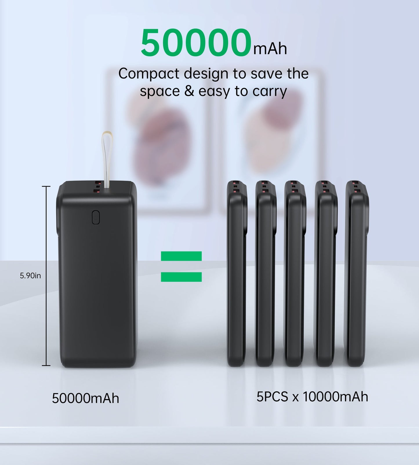 50000mAh Power Bank – 22.5W USB-C + Dual USB-A, Black
