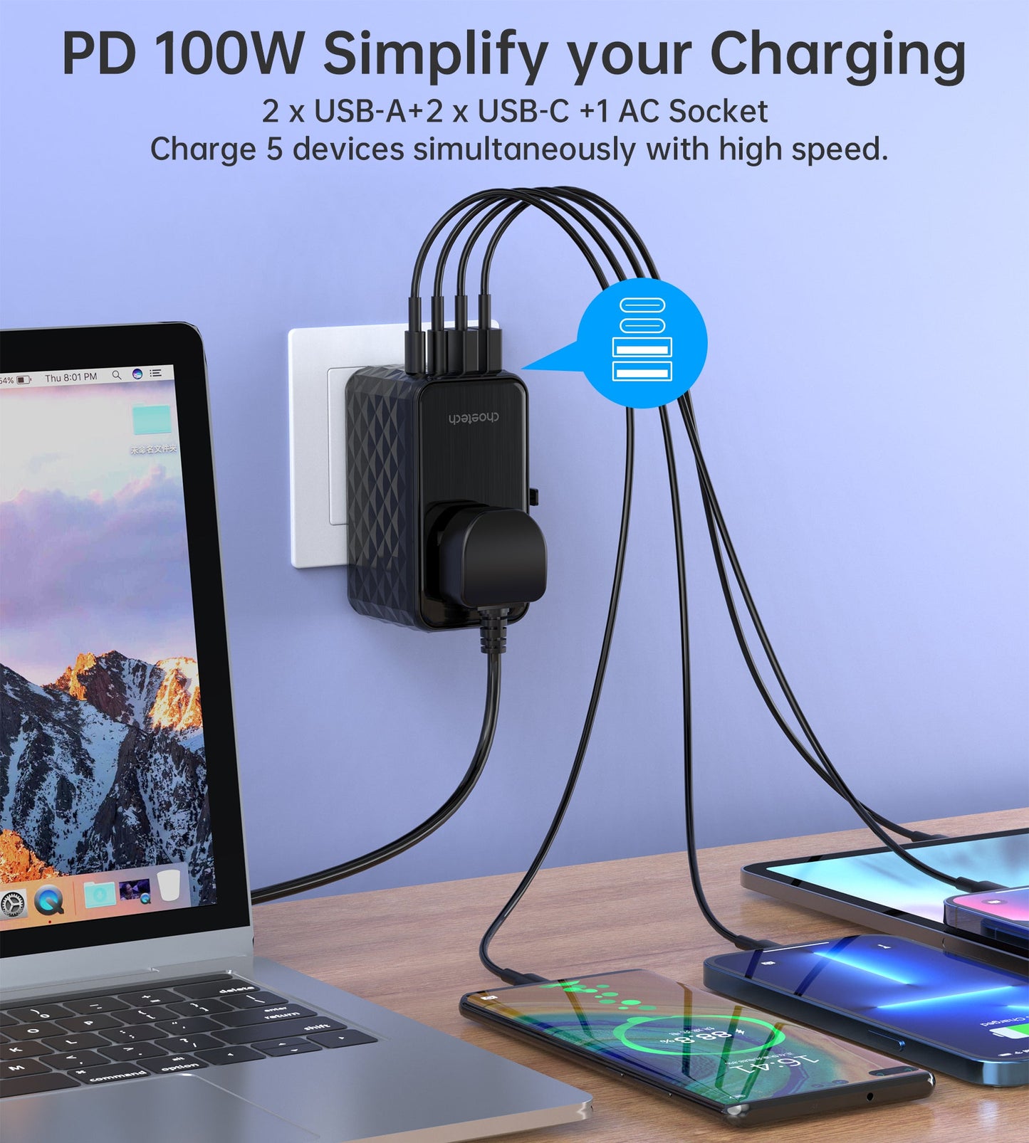 100W PD Wall Charger – Dual USB-C + Dual USB-A Ports