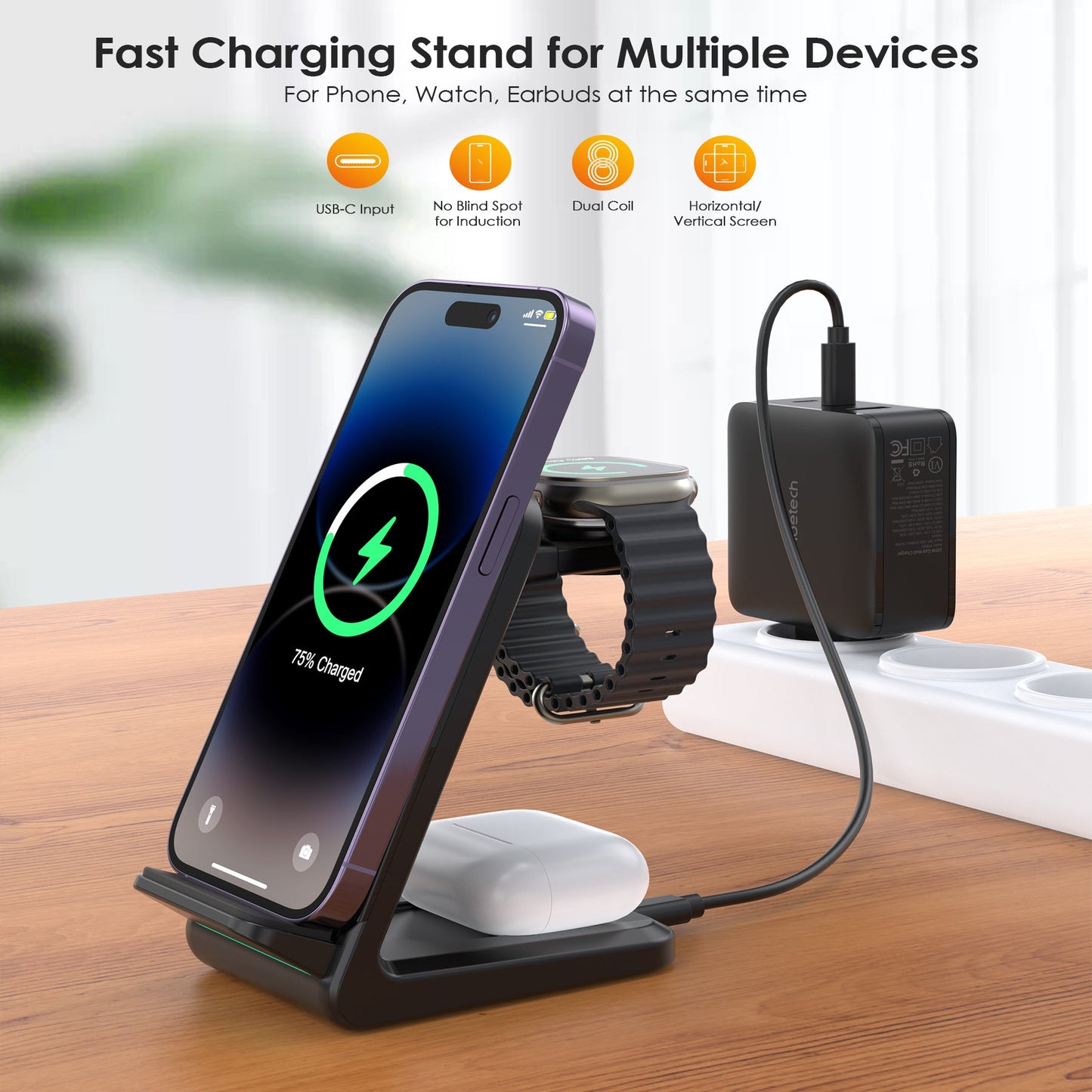 Tri-Device Wireless Charger – 15W/10W/7.5W Fast Charge