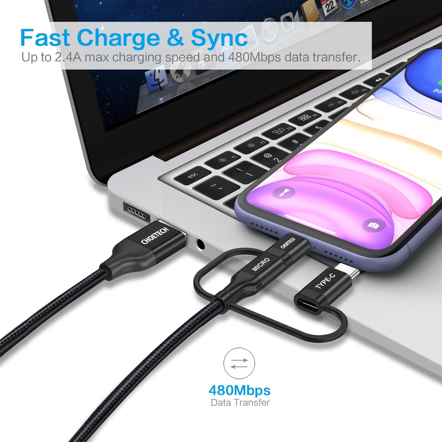 3-in-1 Charging Cable – MFi, USB-C/L/Micro, for iPhone & More