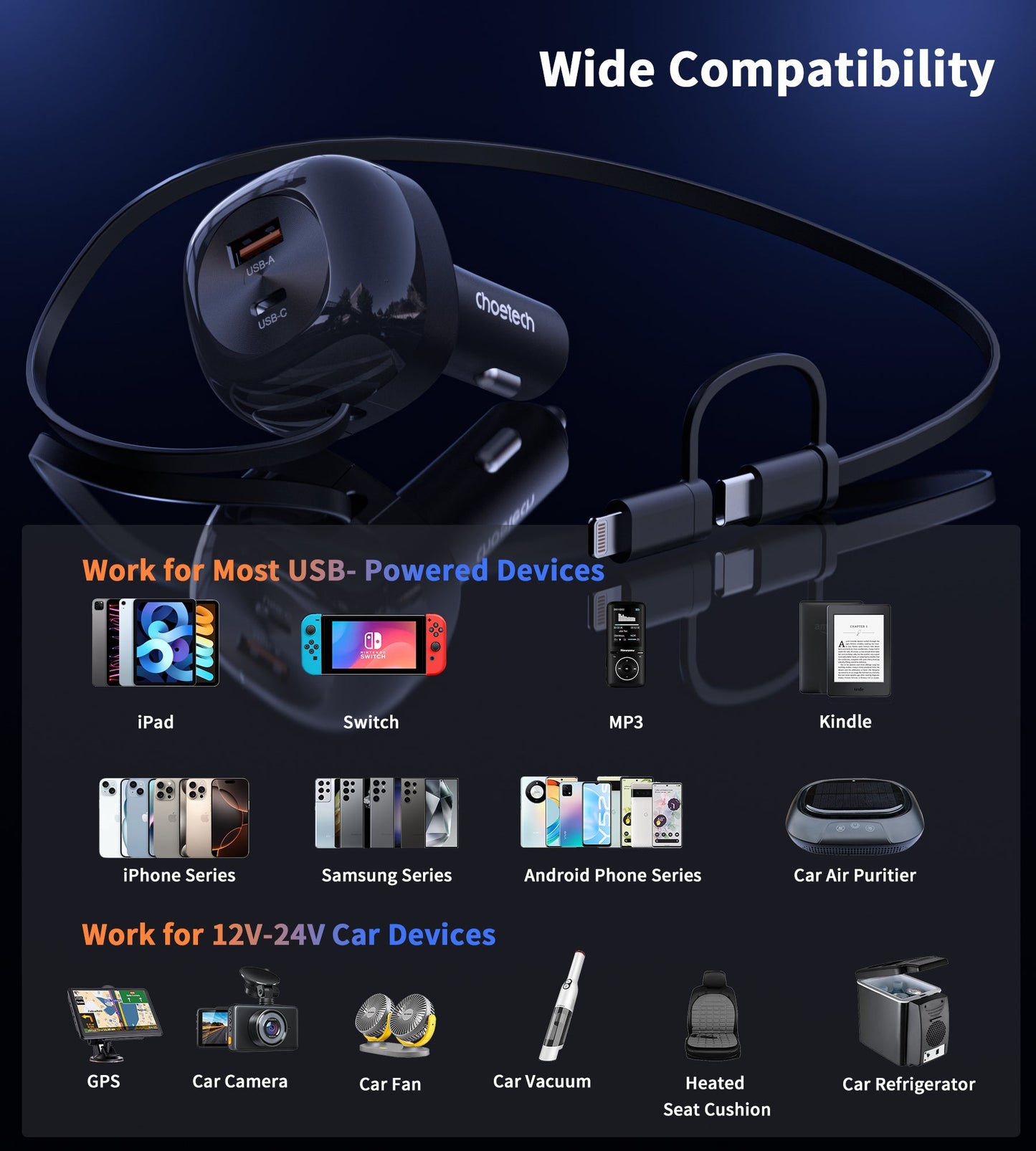 75W Car Charger β Retractable C&L Cable, 3-in-1 PD+C/A