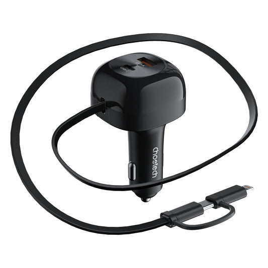 75W Car Charger – Retractable C&L Cable, 3-in-1 PD+C/A
