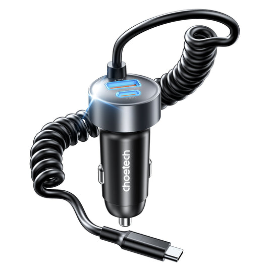 65W Car Charger – USB-C & A Ports with Stretchable Cable