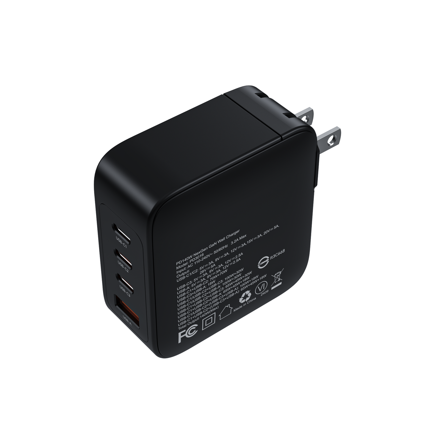 140W GaN Wall Charger – 3C1A with PD240W Cable, Black