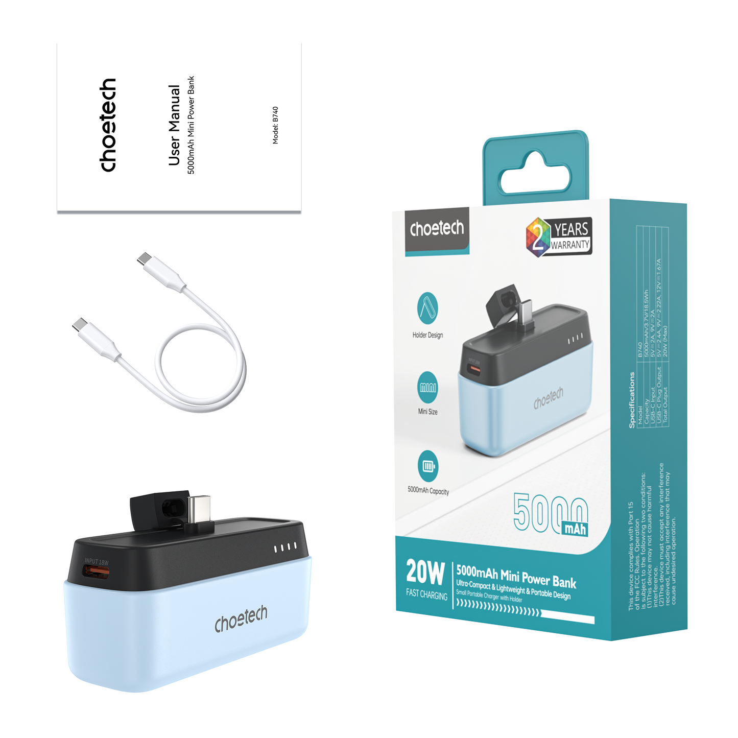 5000mAh Power Bank – PD20W with Type-C Plug, Blue