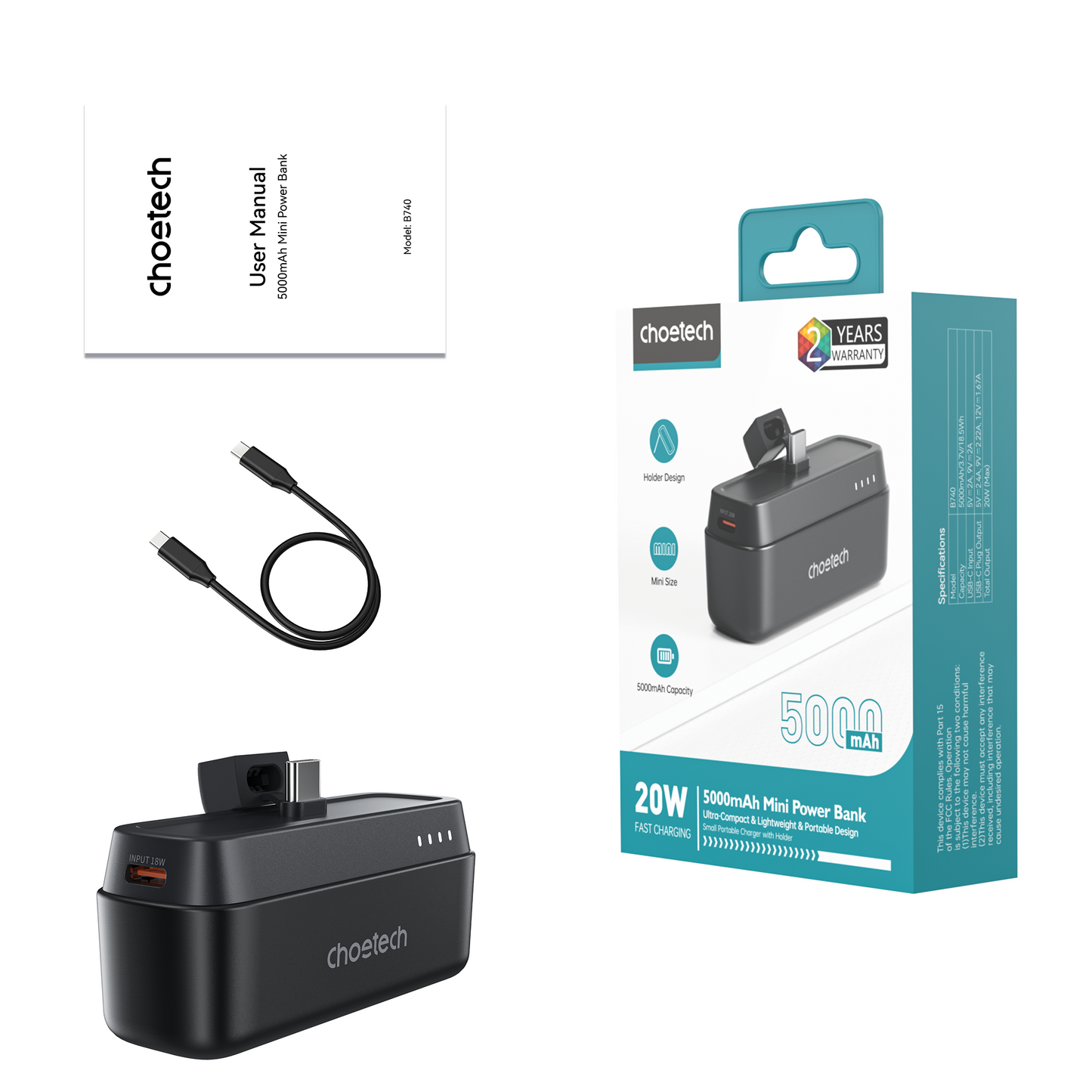 5000mAh Mini Power Bank – 20W PD with Type-C Plug, Black