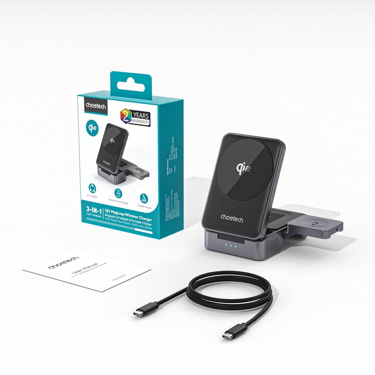 15W Qi2 Foldable 3-in-1 Magnetic Wireless Charger Black