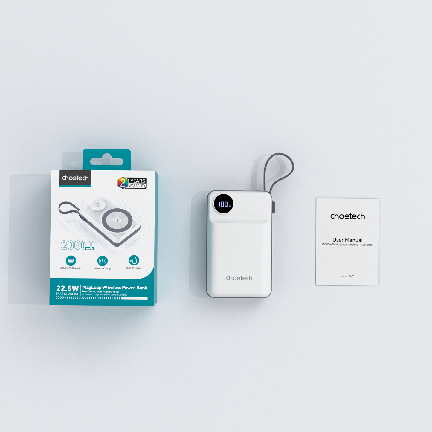 20000mAh Power Bank – LED Display, for Phone & for iWatch, White