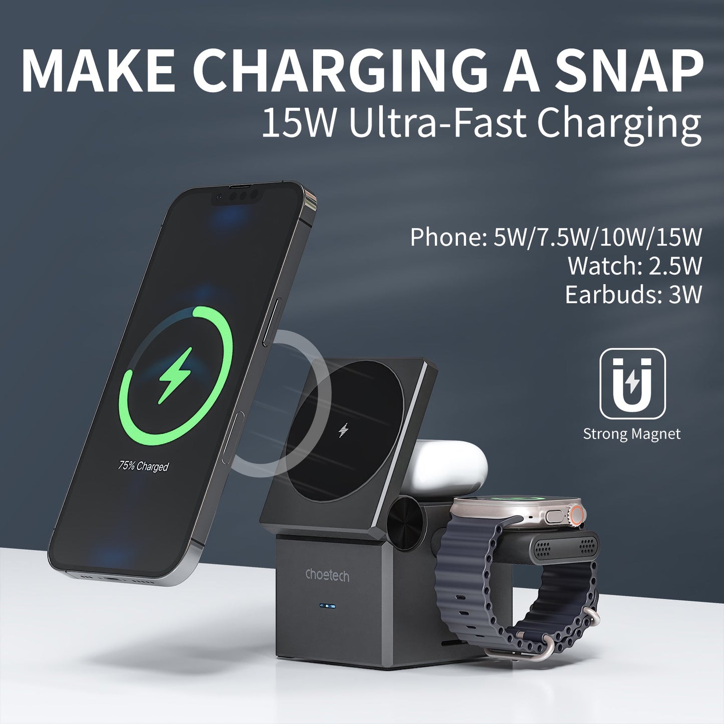 4‑in‑1 15W Magnetic Wireless Charger – Detachable Watch Stand