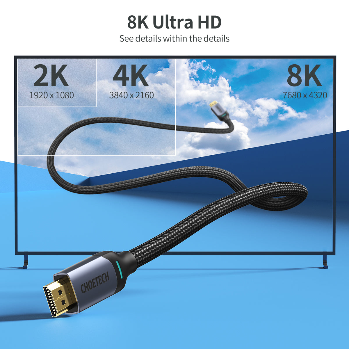 8K HDMI 2.1 Cable – 8K@60Hz, 48Gbps, 6.6ft Braided Cord