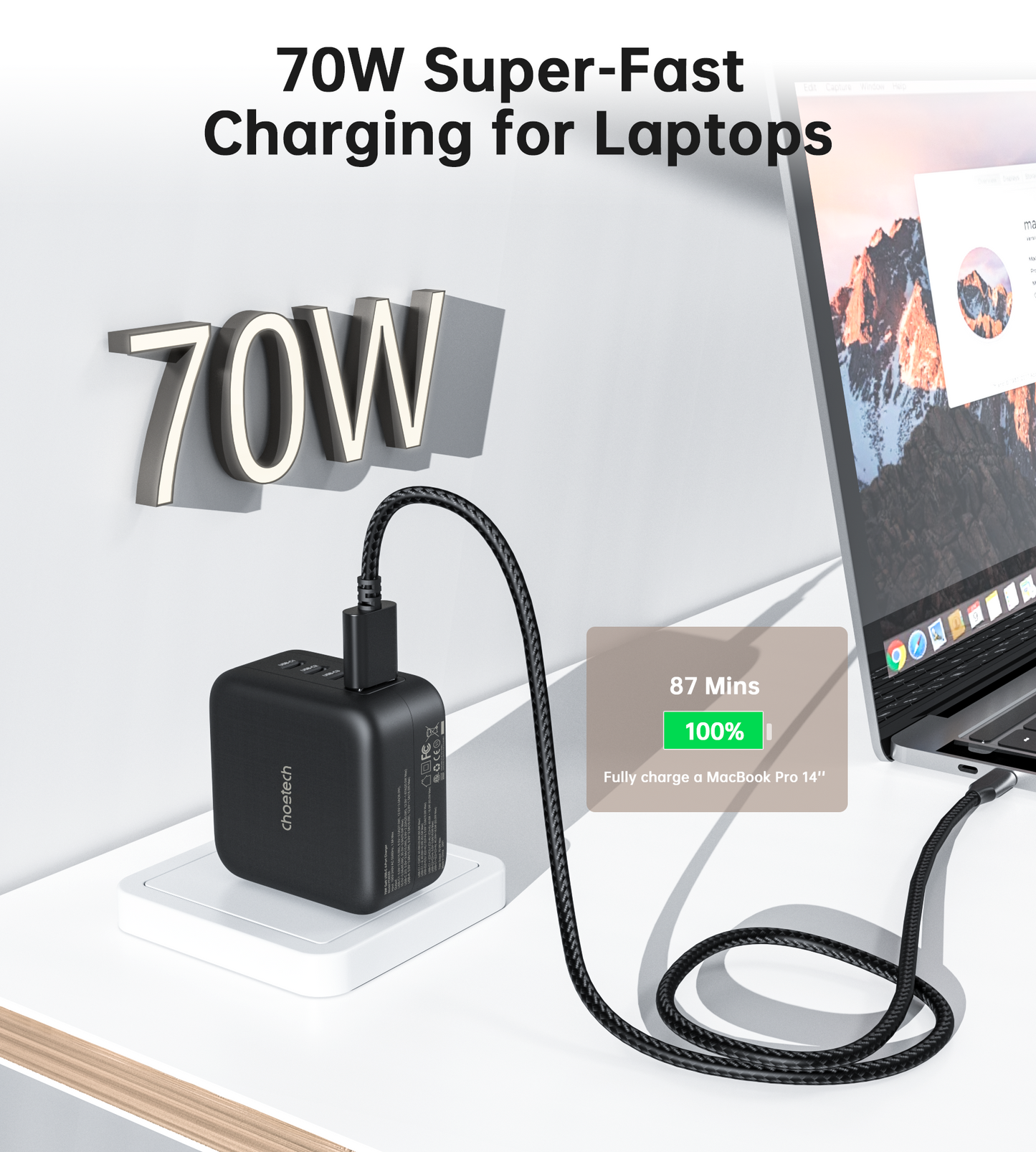 70W GaN Wall Charger – 3×USB-C + USB-A, US Plug