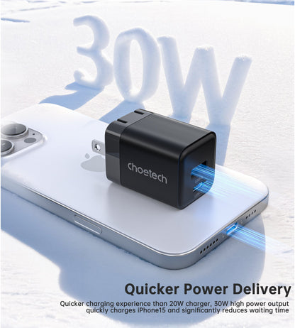 30W GaN Charger – Dual USB-C & A, for iPhone 16/15, US