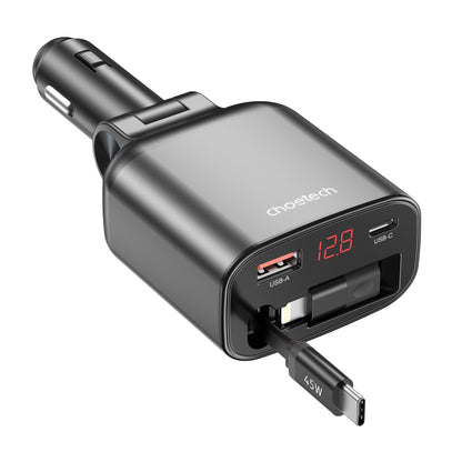 45W Retractable Car Charger – PD30W C + 30W A, Black