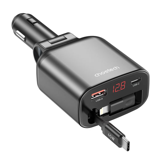 45W Retractable Car Charger – PD30W C + 30W A, Black