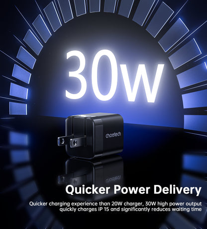 30W GaN PD Charger – Foldable Plug, USB-C for Phones/Tablets