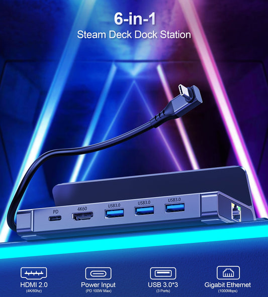 6-in-1 USB-C Dock – HDMI, PD, 3×USB-A, RJ45 for Steam Deck