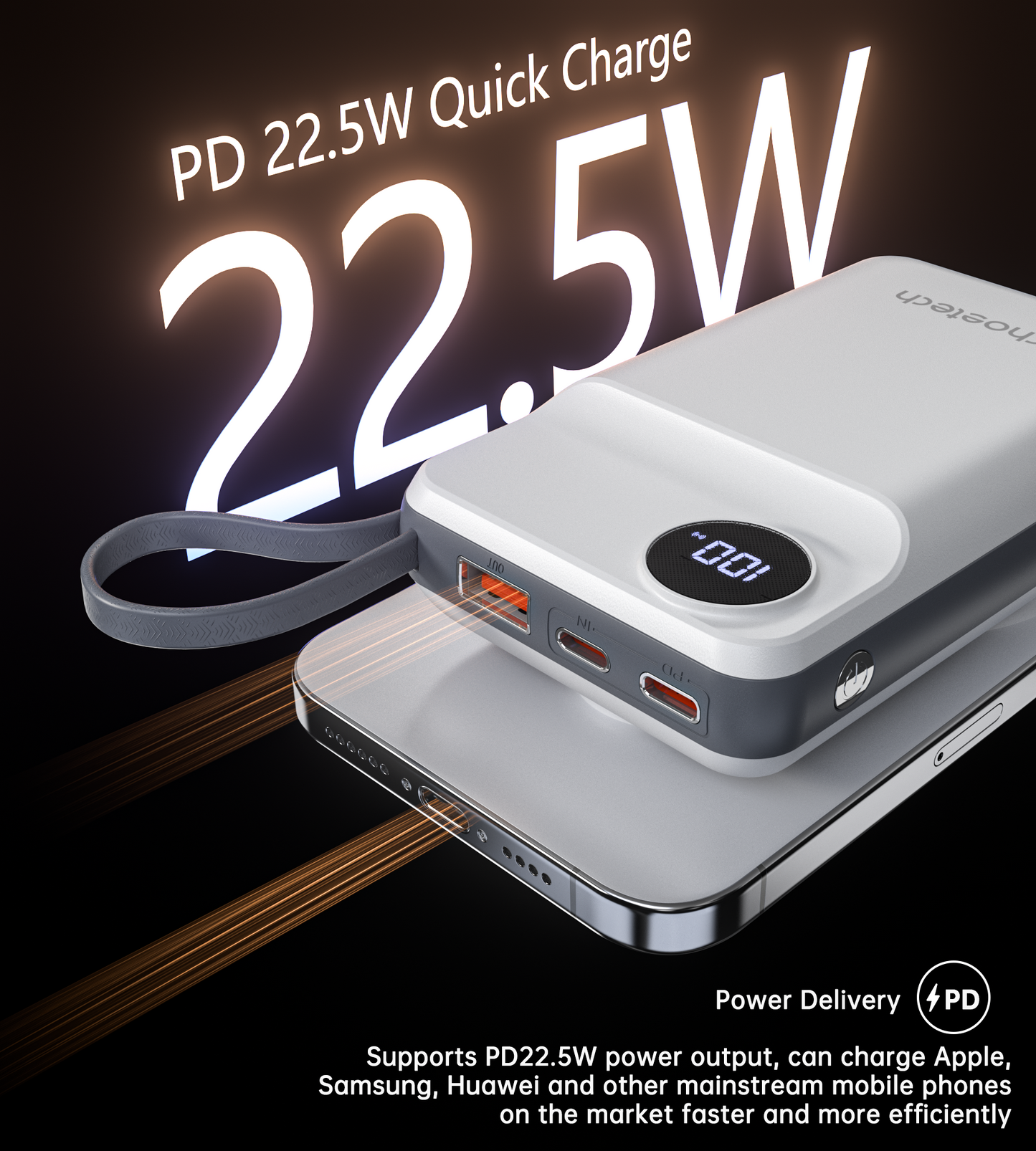 20000mAh Power Bank – LED Display, for Phone & for iWatch, White