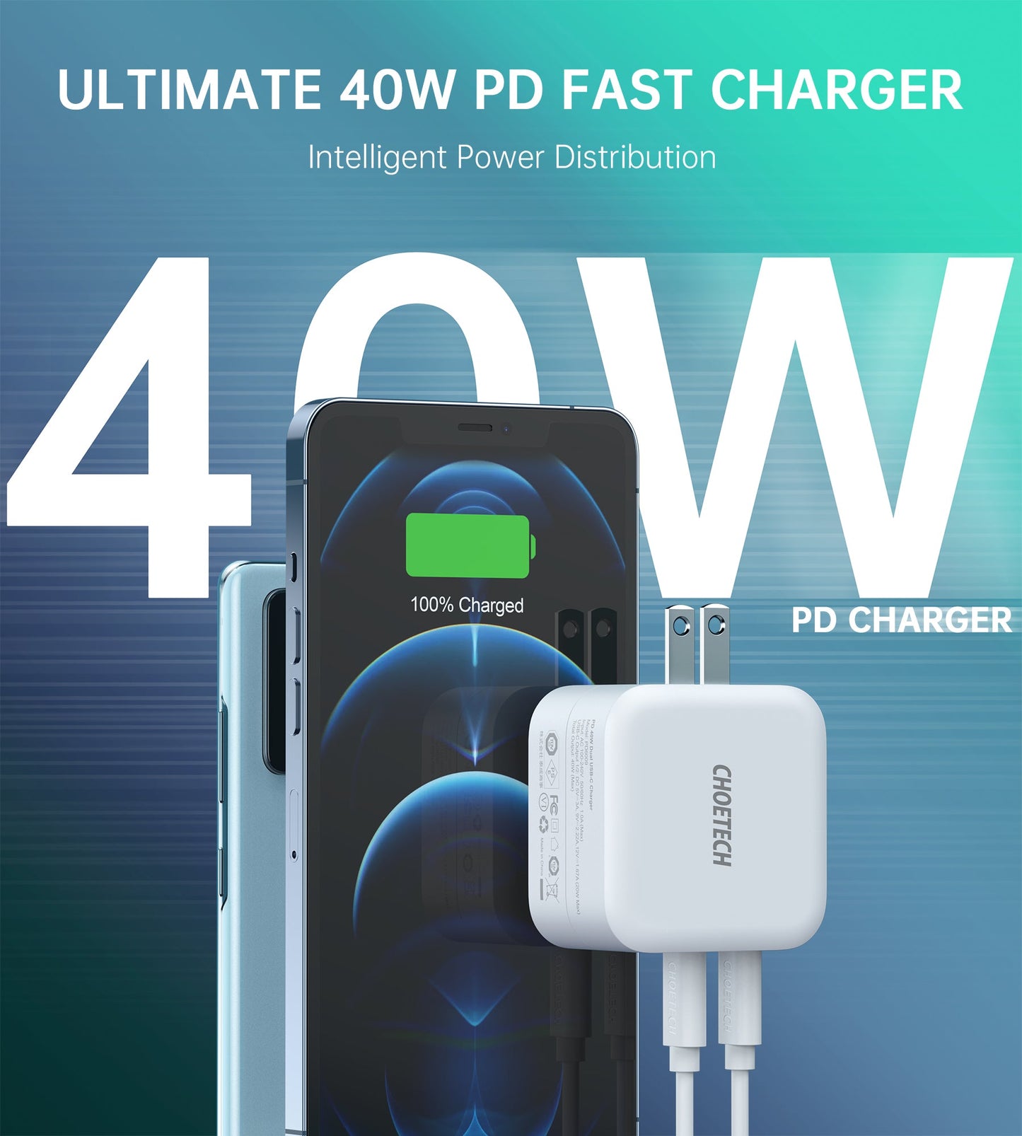 40W Dual USB‑C Wall Charger – 20W+20W PD, Foldable Plug