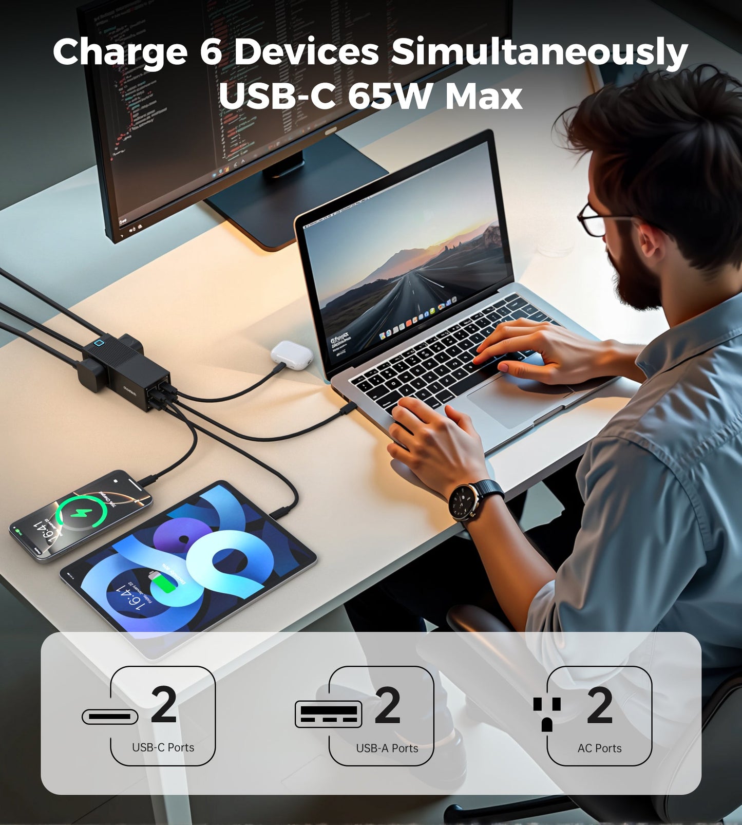 65W GaN Power Strip – 5-in-1 USB Charging Station, 4 Ports