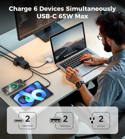 65W GaN Power Strip – 5-in-1 USB Charging Station, 4 Ports