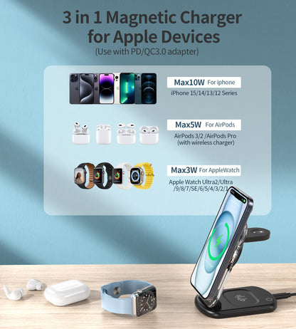 Personalizeitnow 15W MagLeap Foldable 3-in-1 Ambient Blue/Green Light Magnetic Wireless Charger