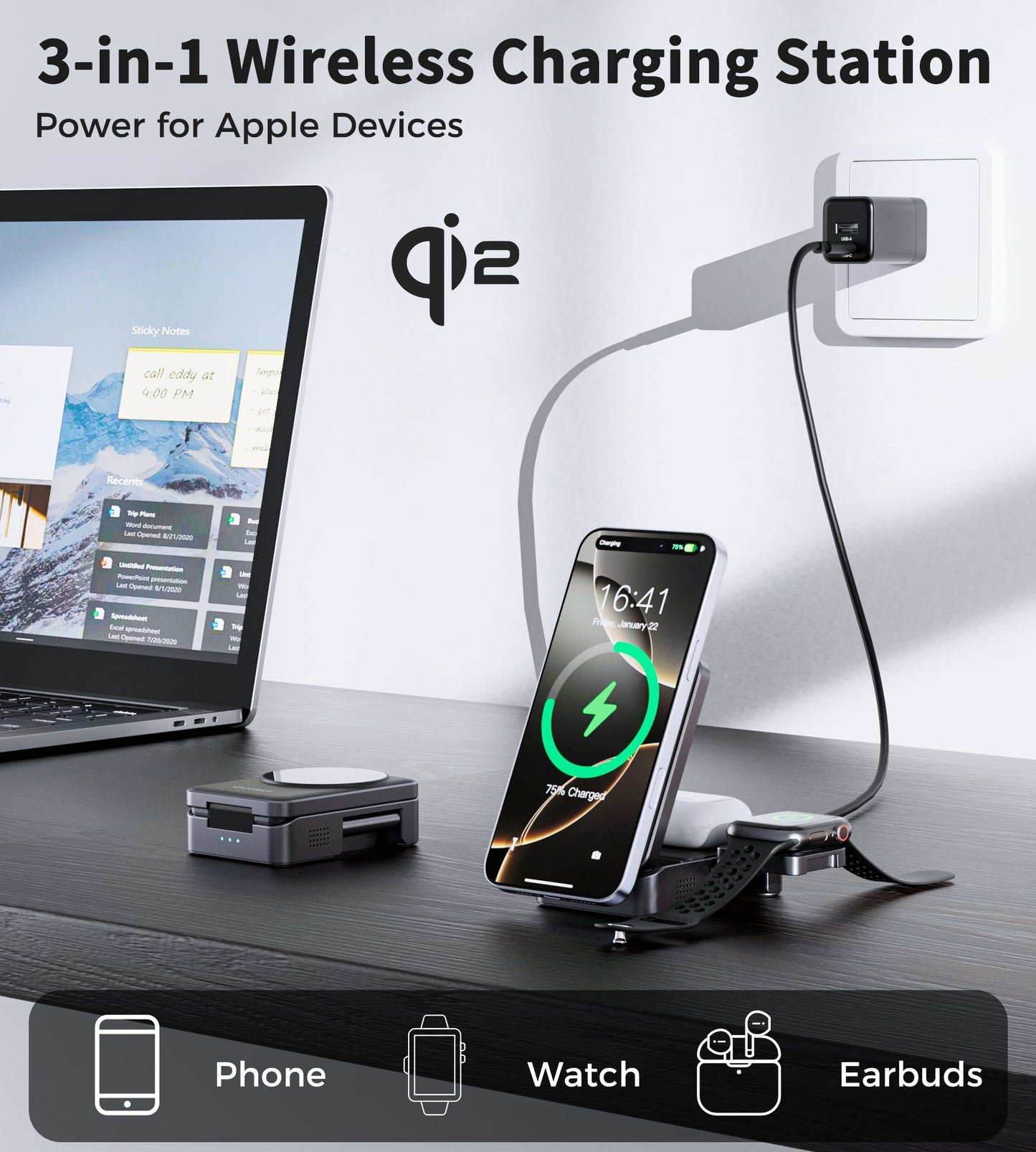 15W Qi2 Foldable 3-in-1 Magnetic Wireless Charger Black