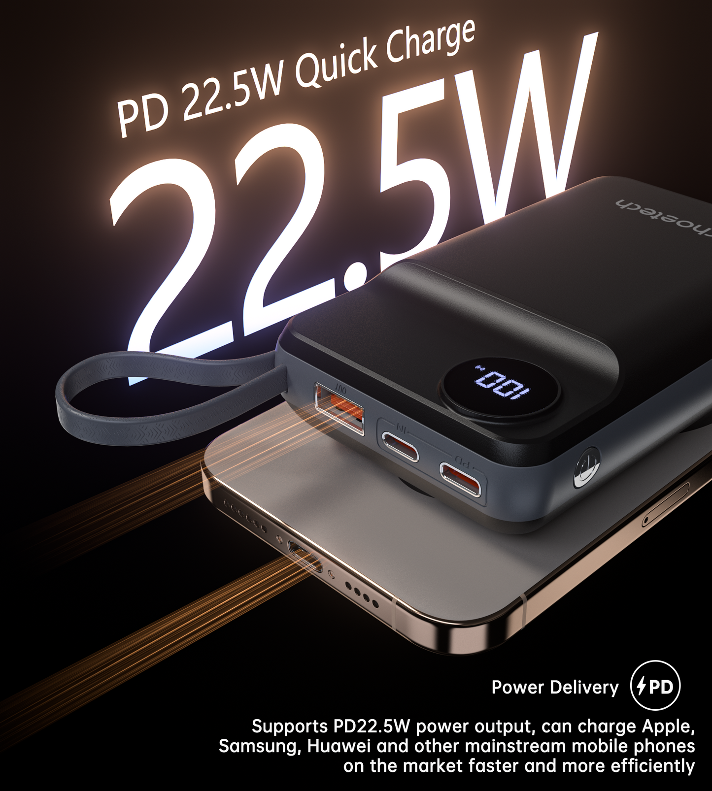 20000mAh Power Bank – LED Display, for Phone & Watch, Black