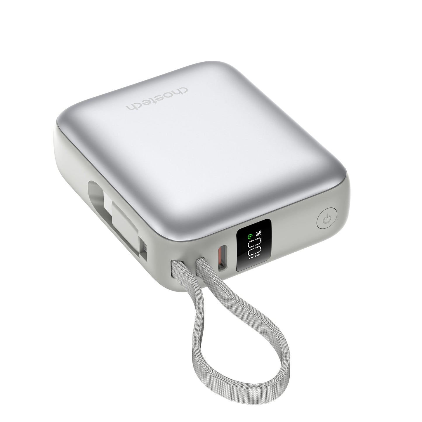 10000mAh Mini Power Bank – 35W with USB-C Cable, Silver