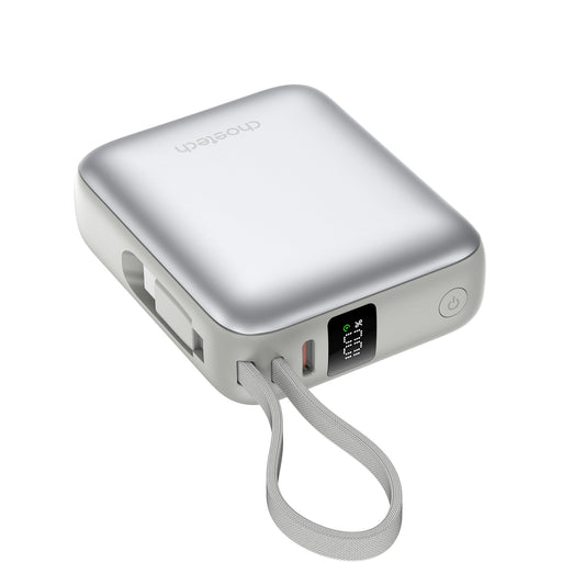 10000mAh Mini Power Bank – 35W with USB-C Cable, Silver