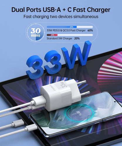 33W Dual Port Wall Charger – USB-C & USB-A PD Adapter