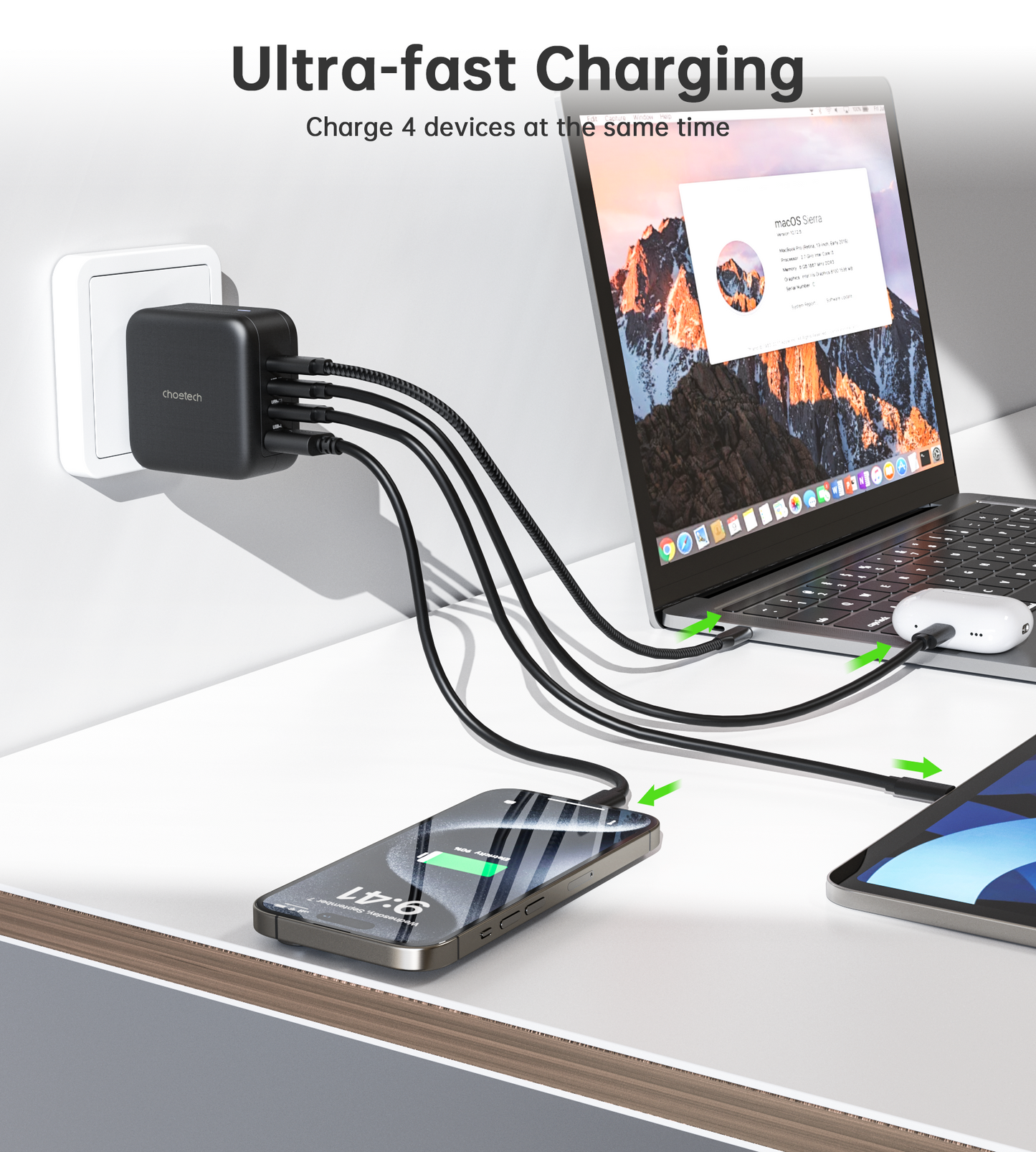 70W GaN Wall Charger – 3×USB‑C + USB‑A Fast Charging