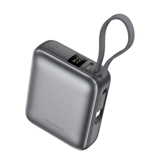 10000mAh Mini Power Bank – 35W with USB-C Cable, Grey