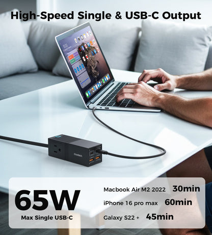 65W GaN Power Strip – USB Fast Charging Hub, Black