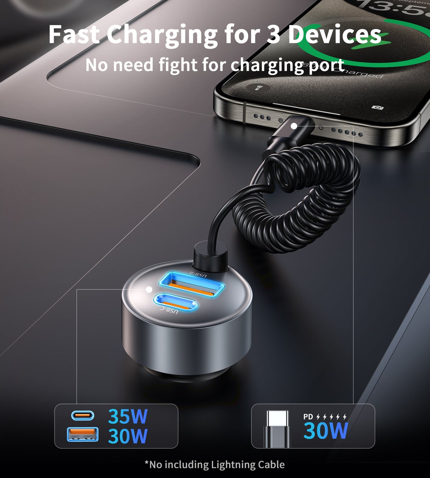65W Car Charger – USB-C & A Ports with Stretchable Cable