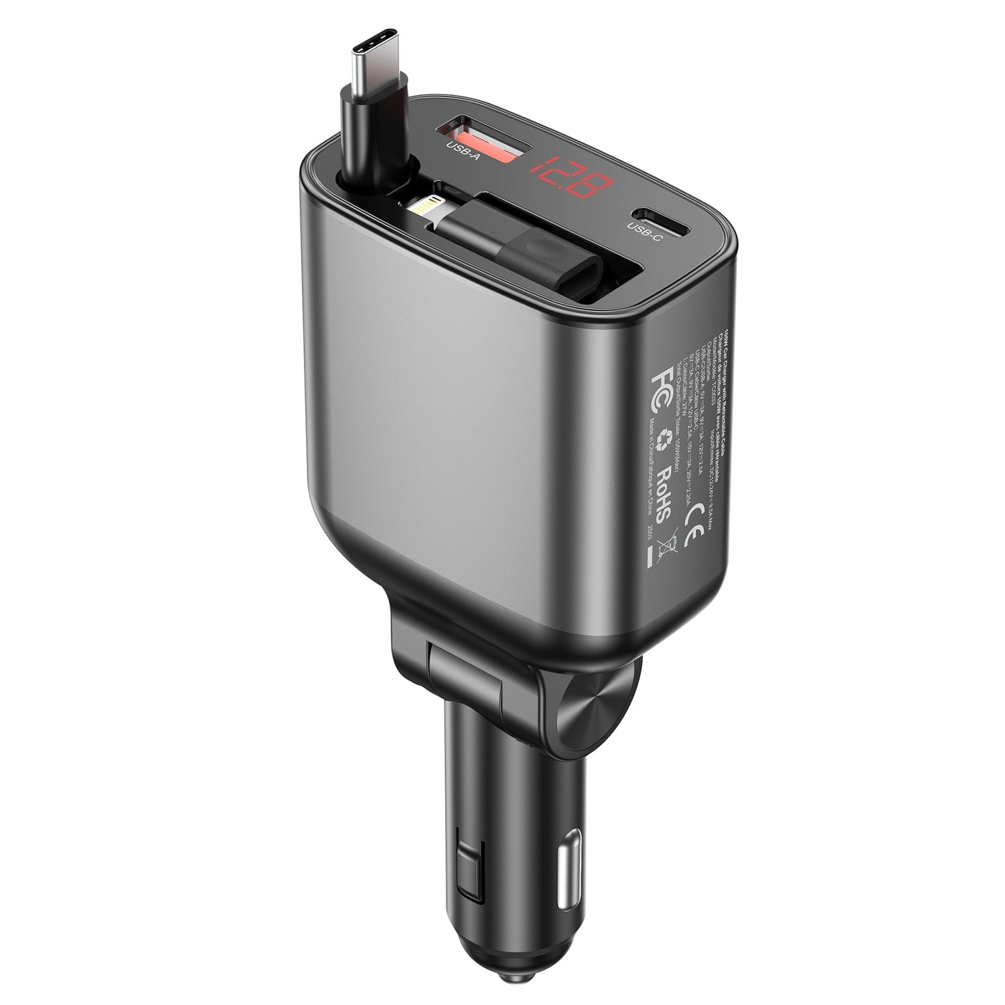 45W Retractable Car Charger – PD30W C + 30W A, Black