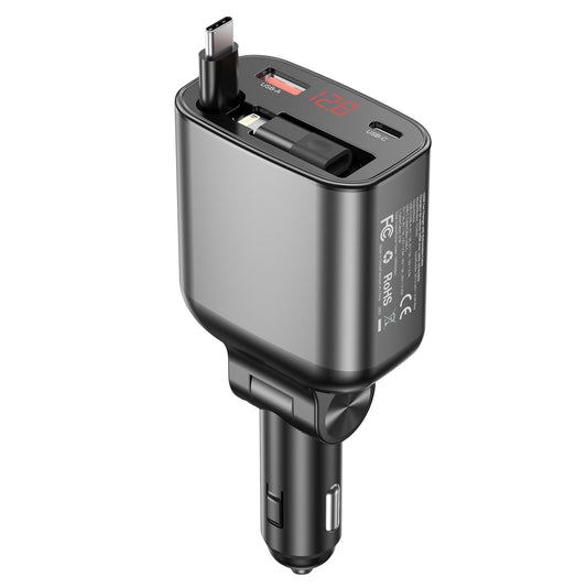 45W Retractable Car Charger – PD30W C + 30W A, Black