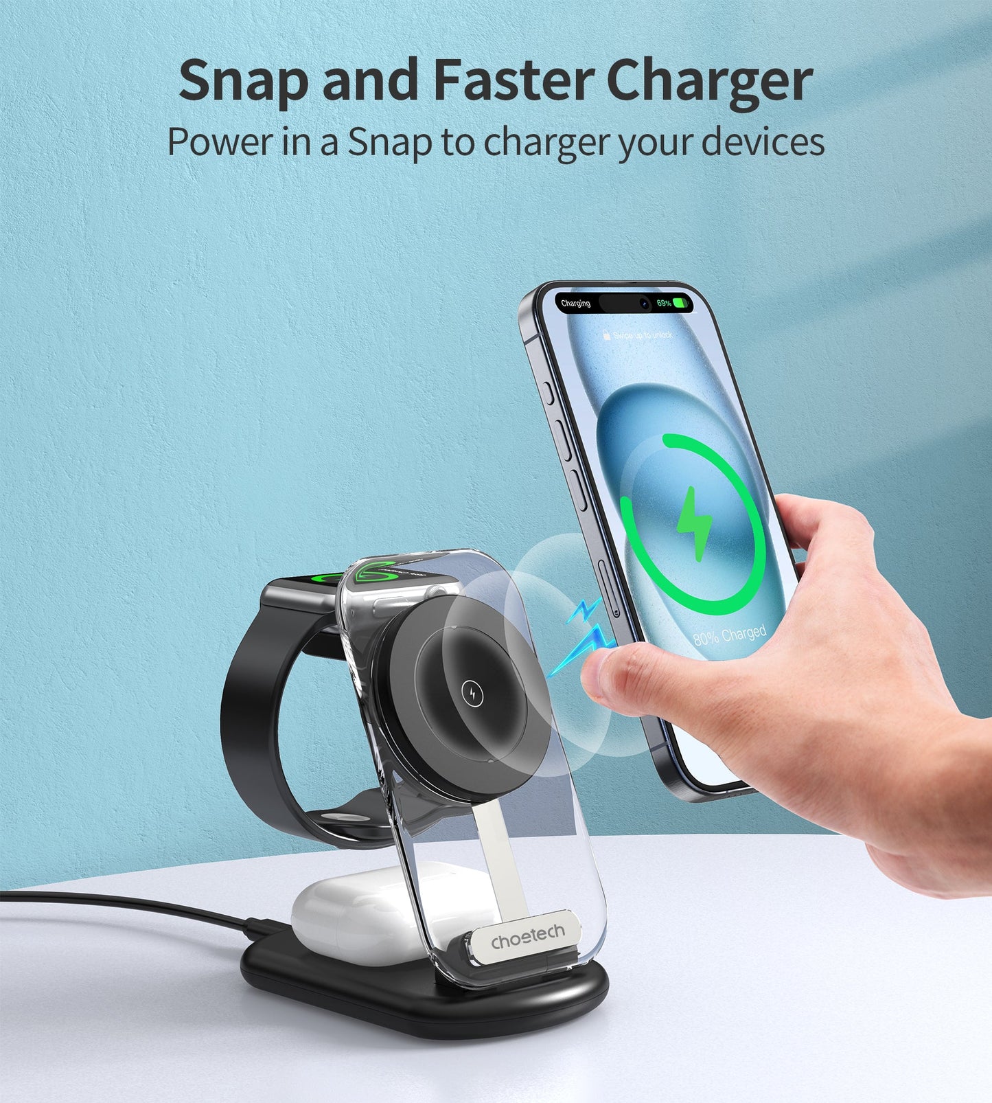 Personalizeitnow 15W MagLeap Foldable 3-in-1 Ambient Blue/Green Light Magnetic Wireless Charger