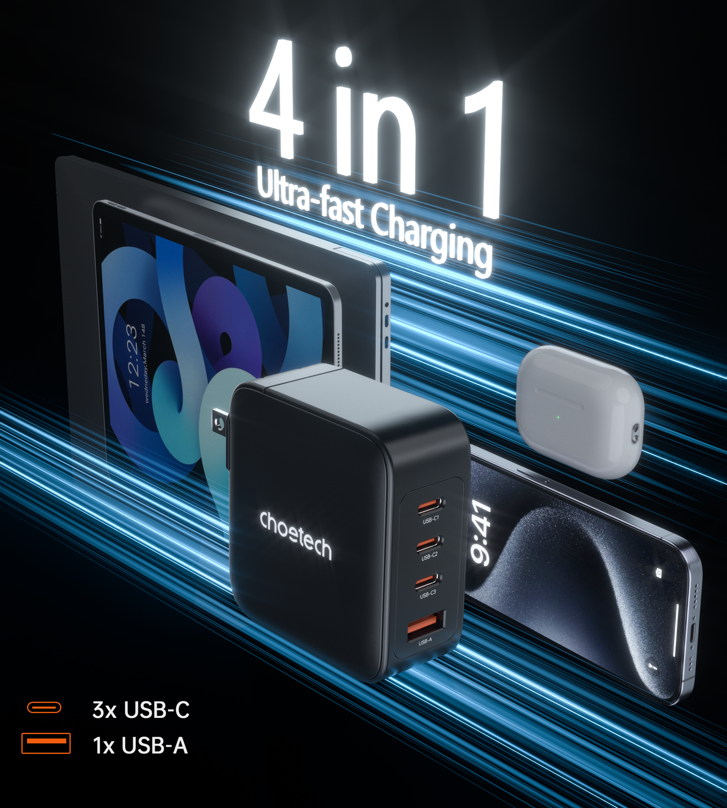 100W GaN Wall Charger – 3C1A USB Fast Charging, US Plug