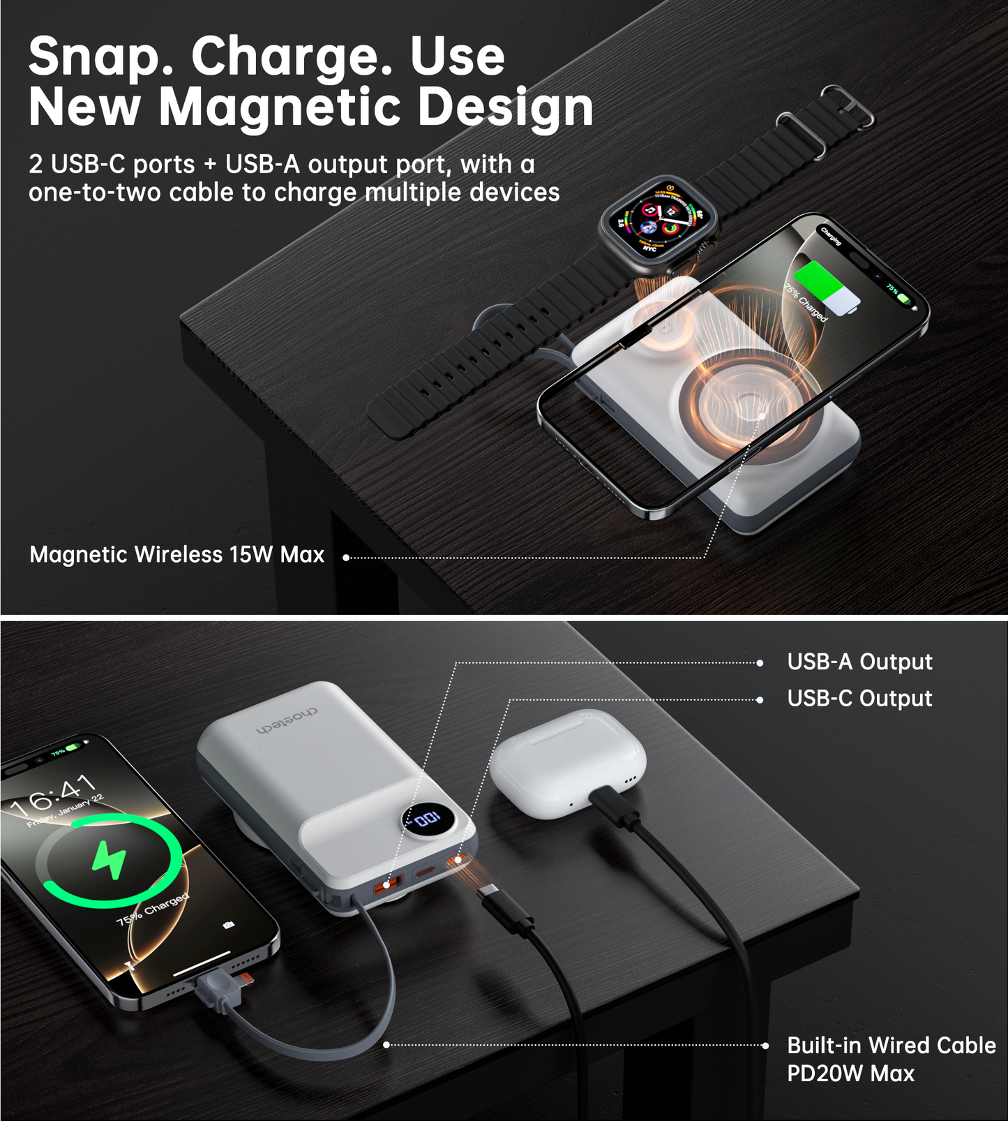 20000mAh Power Bank – LED Display, for Phone & for iWatch, White