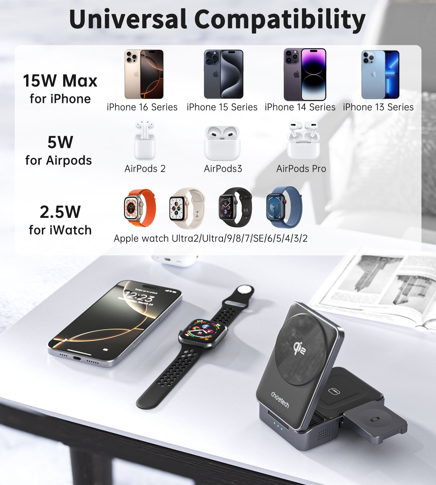 15W Qi2 Foldable 3-in-1 Magnetic Wireless Charger Black