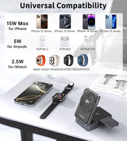 15W Qi2 Foldable 3-in-1 Magnetic Wireless Charger Black
