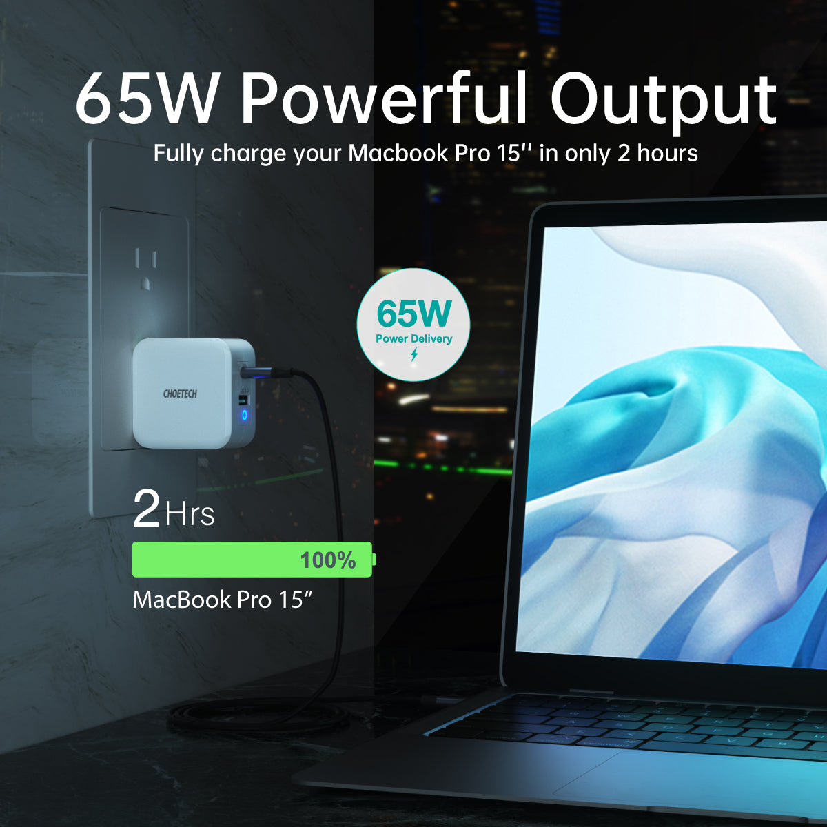 65W GaN PD Charger – Dual USB-C Ports, Foldable Fast Adapter