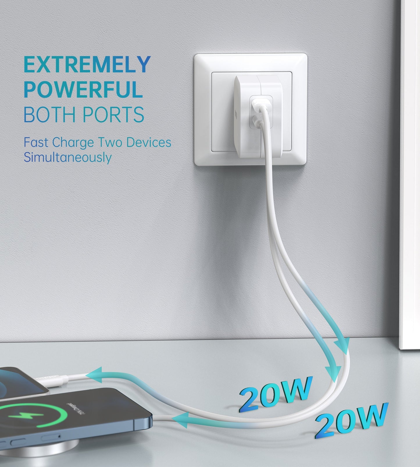 40W Dual USB‑C Wall Charger – 20W+20W PD, Foldable Plug