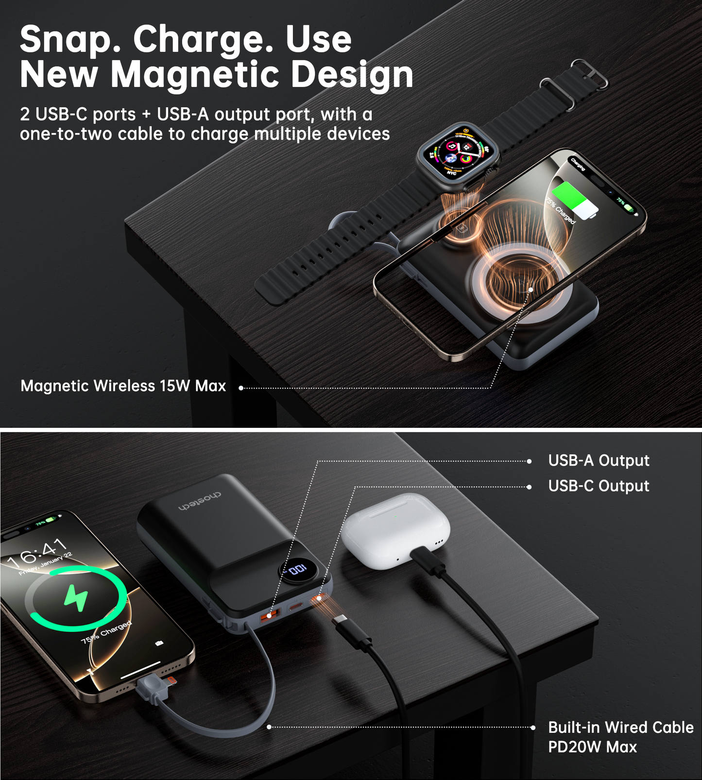 20000mAh Power Bank – LED Display, for Phone & Watch, Black