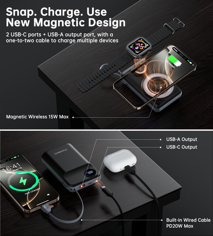 20000mAh Power Bank – LED Display, for Phone & Watch, Black