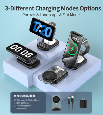 Personalizeitnow 15W MagLeap Foldable 3-in-1 Ambient Blue/Green Light Magnetic Wireless Charger